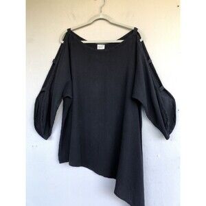 Oh My Gauze! Womens Top OS Black Cotton Asymetrical Lagenlook Oversized 2/3